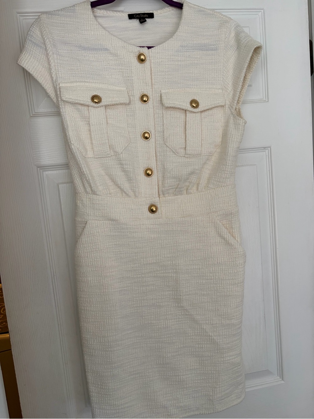 City Studio Cream Textured Sheath Dress with Gold Buttons and Pocket Flaps